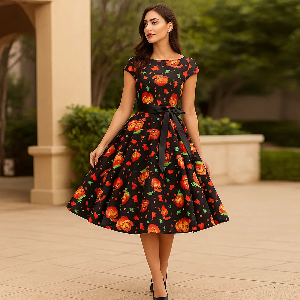 Disfraz de Calabaza de Halloween | Vestido Midi Ajustado y Acampanado