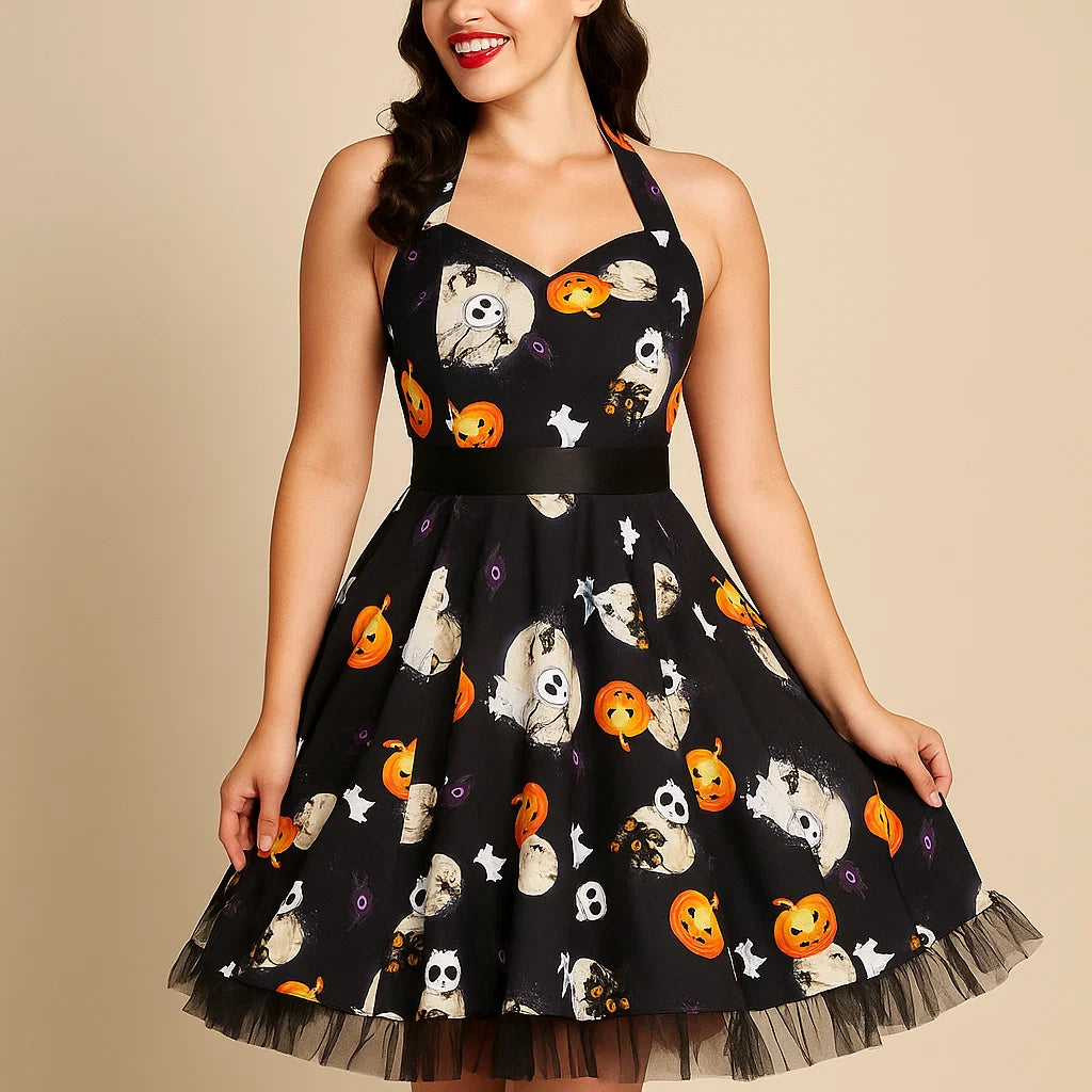 Vestido de Disfraz Vintage de Halloween para Mujer | Mini Calabaza sin Mangas