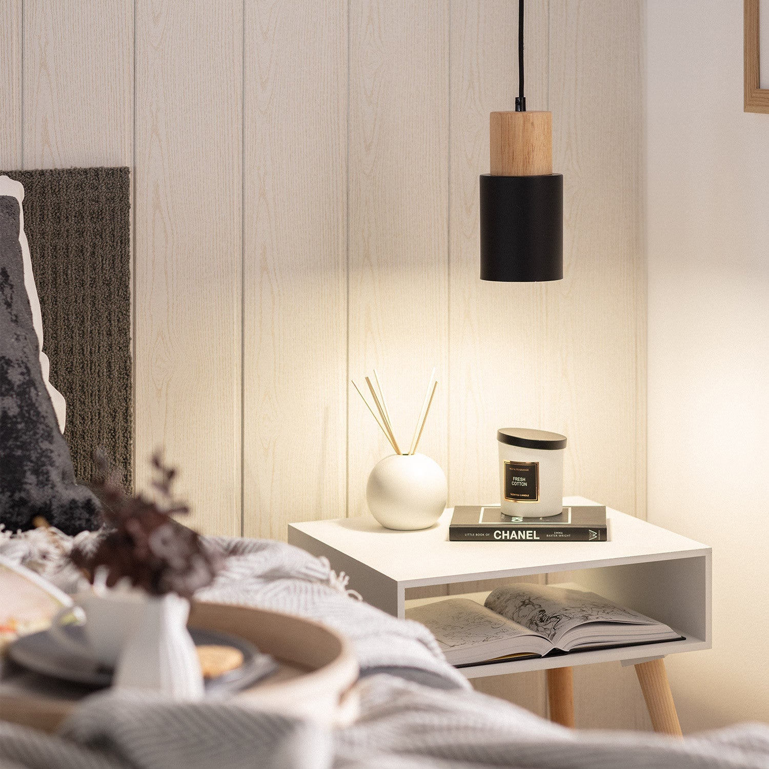 Pendant Light Modern Wood Black Cylinder Fixture