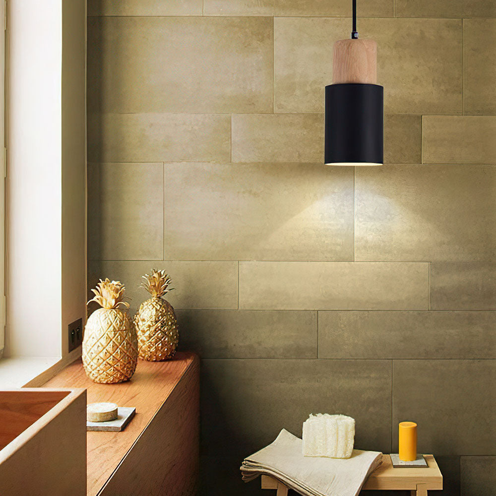 Pendant Light Modern Wood Black Cylinder Fixture