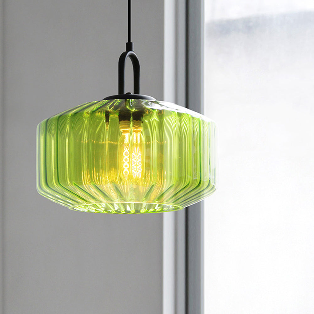 Lámpara colgante con pantalla de cristal verde rayado