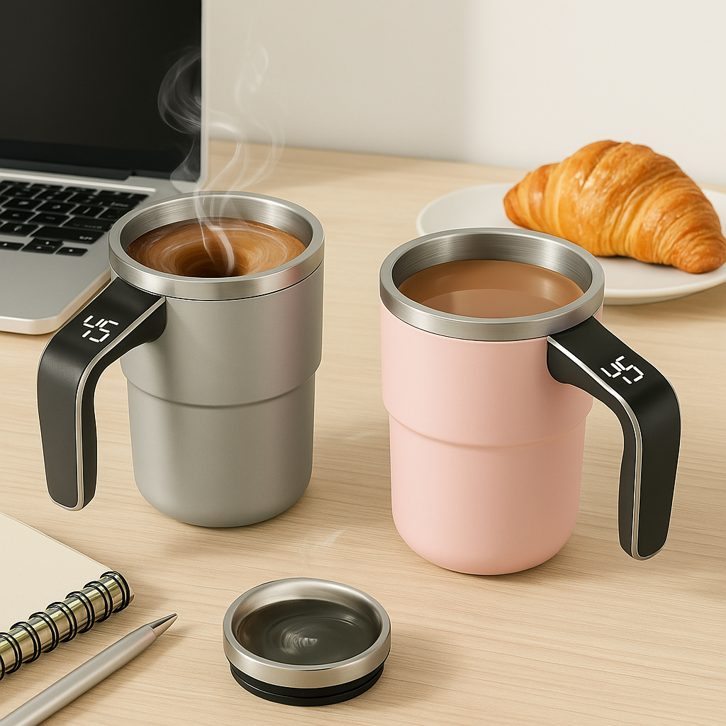 Taza de café auto agitable con pantalla de temperatura