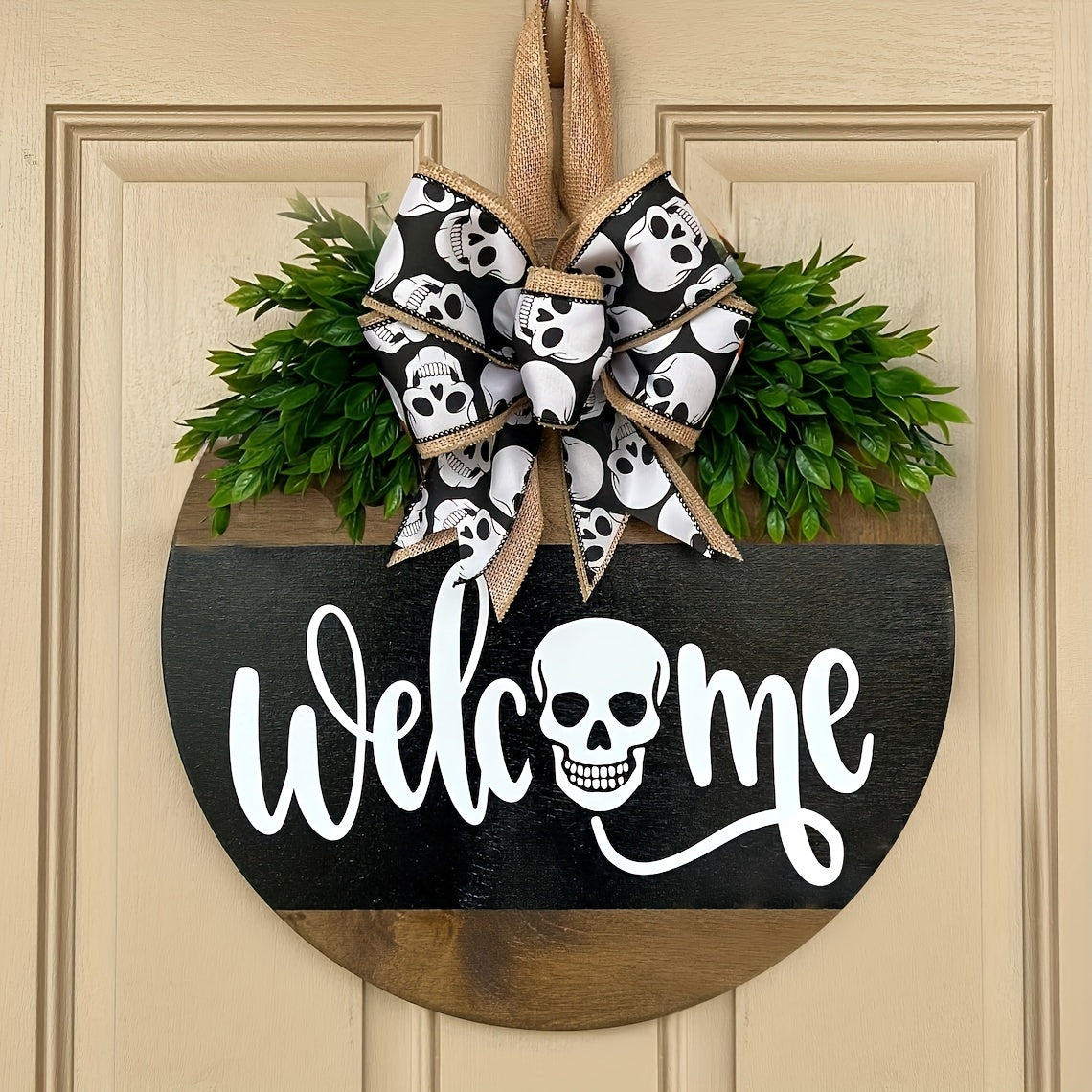 Corona de calavera espeluznante de Halloween para puerta principal | Cartel rústico de bienvenida