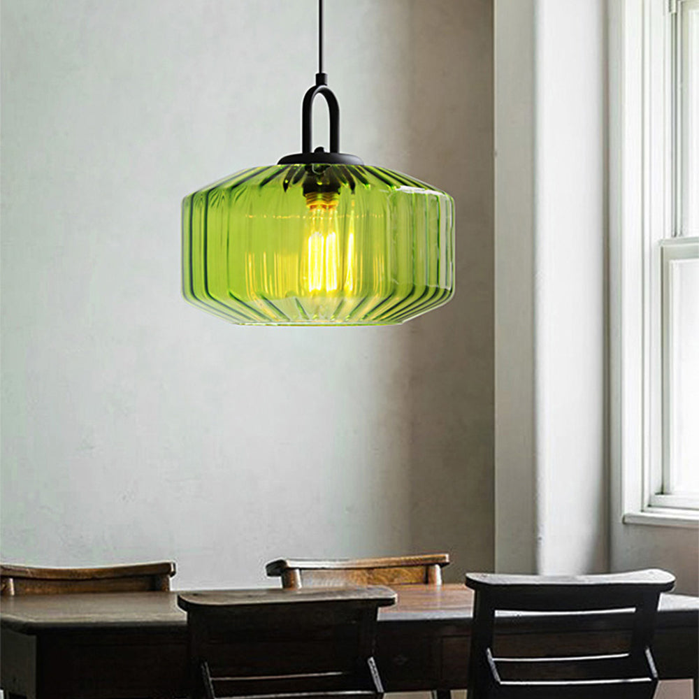 Lámpara colgante con pantalla de cristal verde rayado