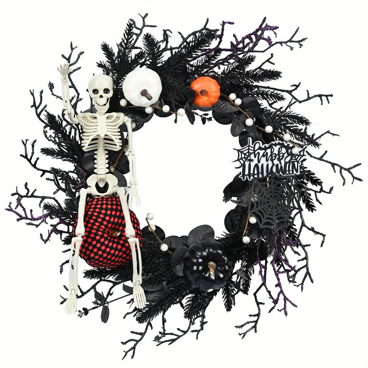 Halloweenowy gotycki wieniec z dynią i szkieletem | Straszna dekoracja ścienna