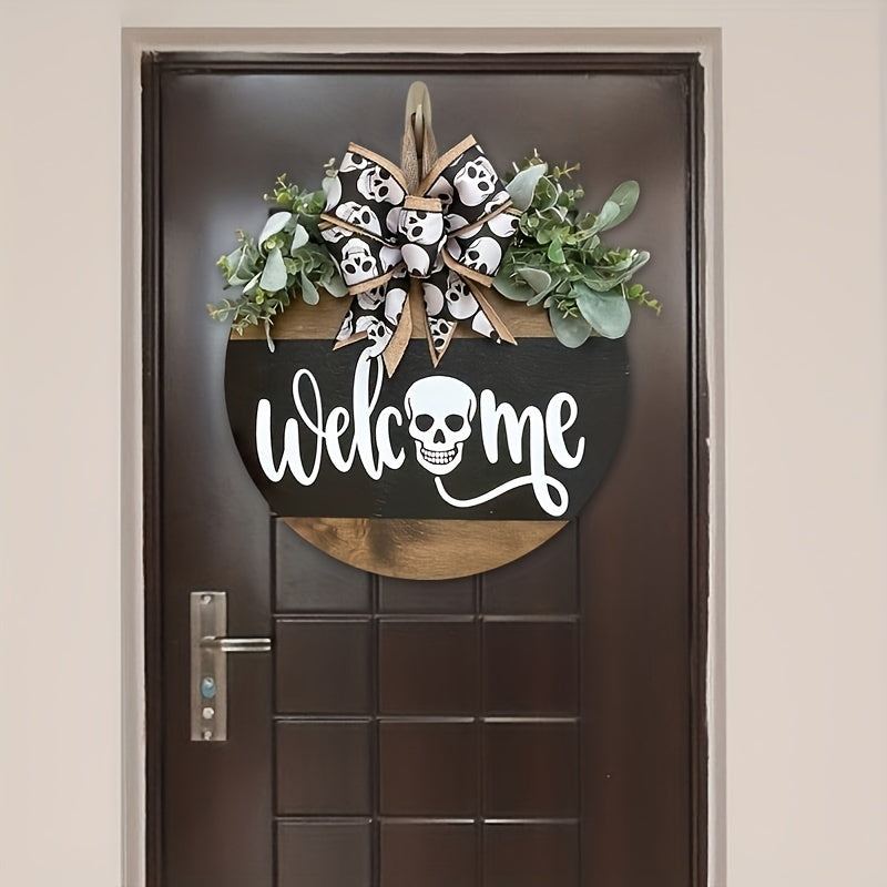 Corona de calavera espeluznante de Halloween para puerta principal | Cartel rústico de bienvenida