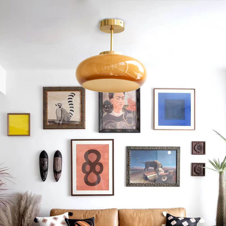 Lampada da soffitto vintage in vetro e ottone semi-incasso