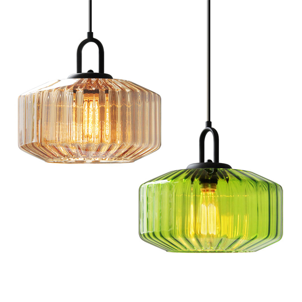 Lámpara colgante con pantalla de cristal verde rayado