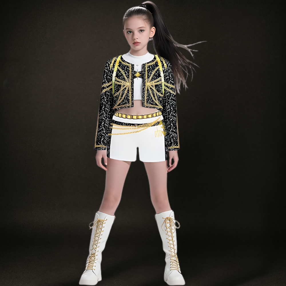 Costume Kpop Halloween pour enfants Robe de star de la pop Imprimé paillettes Tenue de scène pour performance