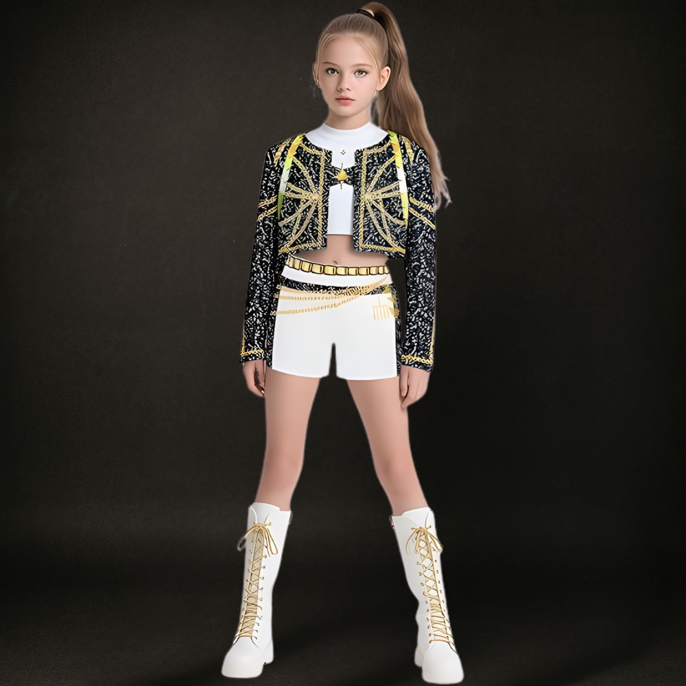 Costume Kpop Halloween pour enfants Robe de star de la pop Imprimé paillettes Tenue de scène pour performance