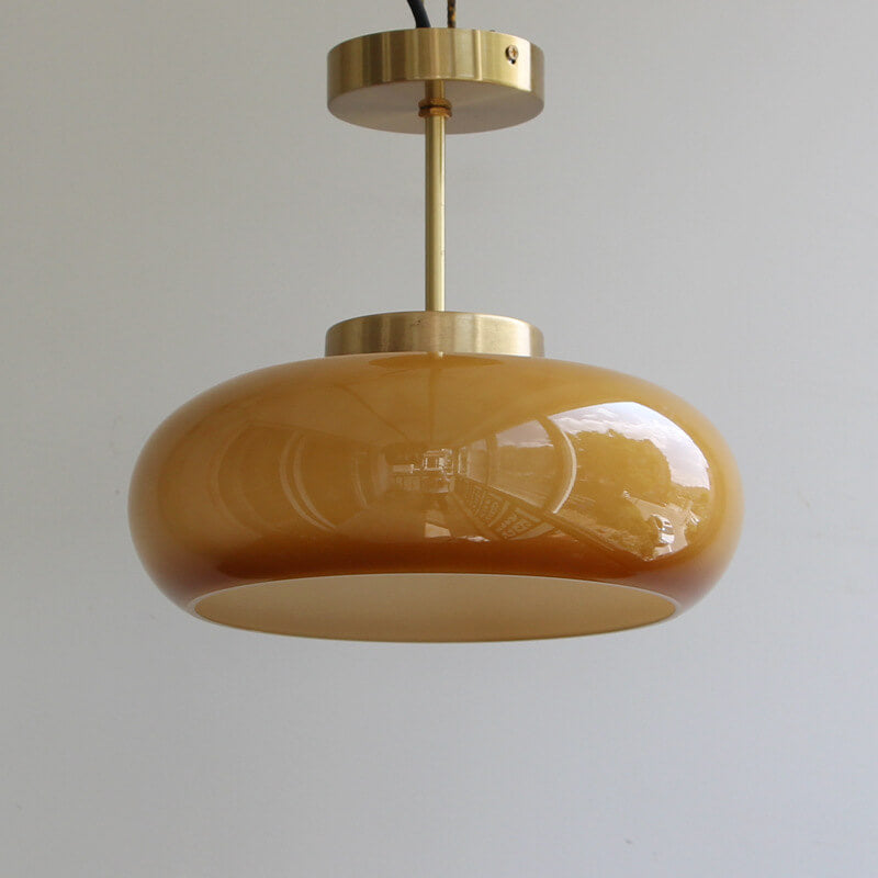 Lampada da soffitto vintage in vetro e ottone semi-incasso