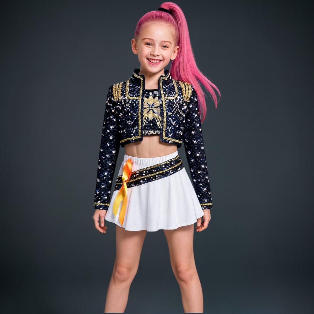 Costume Kpop Halloween pour enfants Robe de star de la pop Imprimé paillettes Tenue de scène pour performance