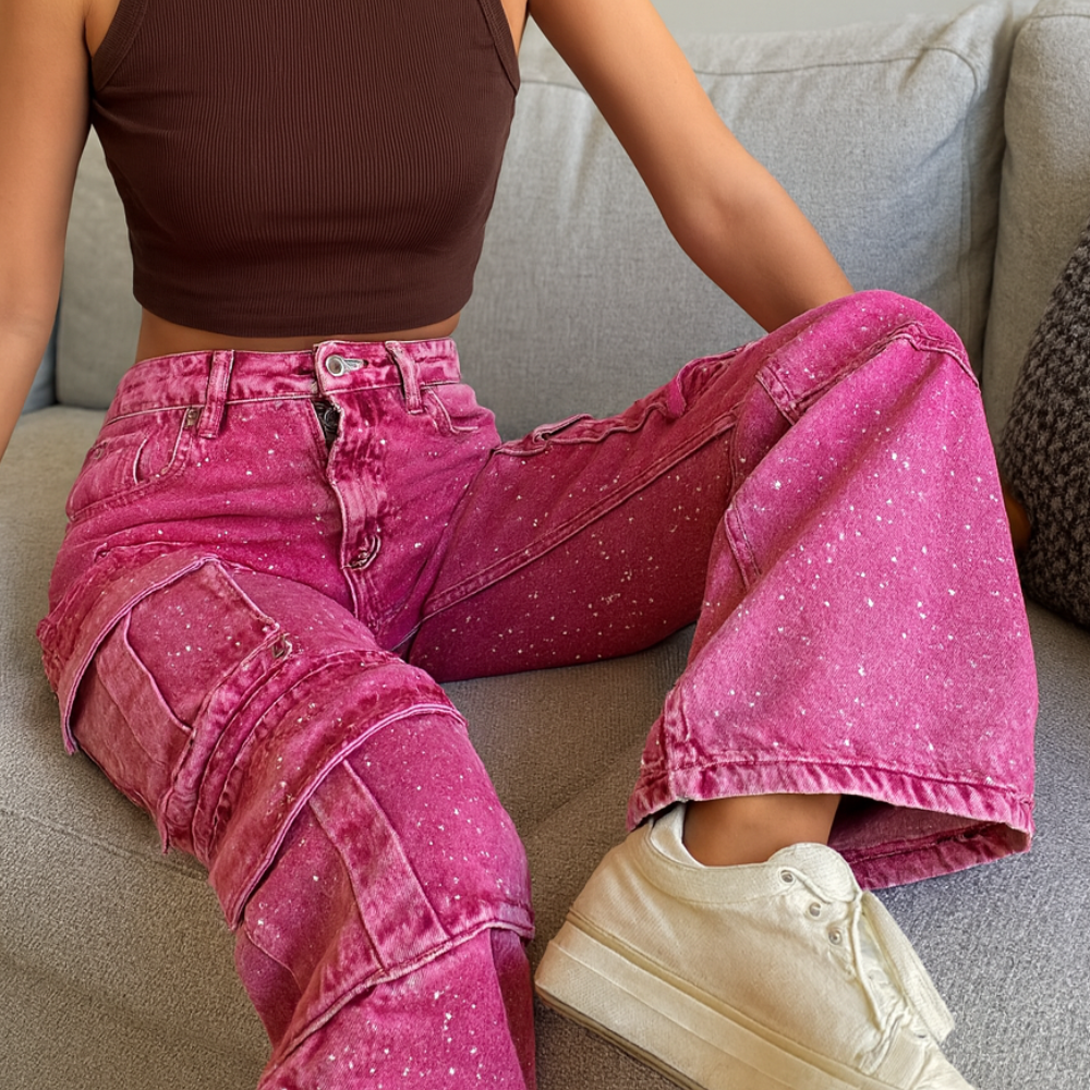 Damen Weite Bein Cargo Jeans Hoch Tailliert Lässig Reißverschluss Taschen