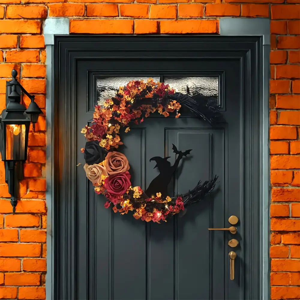 Halloween Rustikaler Hexen Blumenkranz | Sichelmond Türdekoration