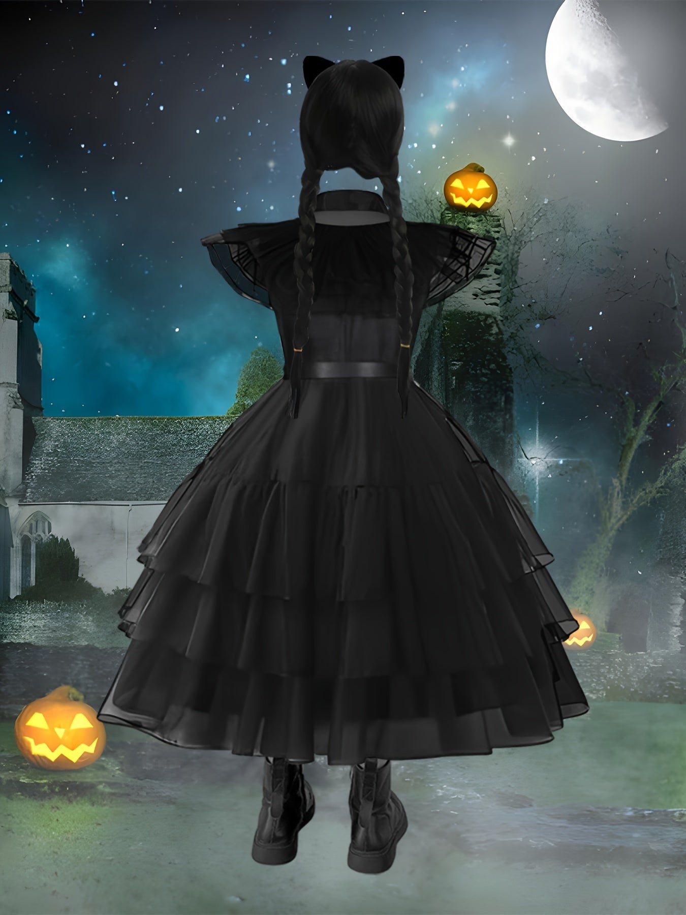 Conjunto de vestido de disfraz de Halloween gótico en capas para mujer | Midi con volantes