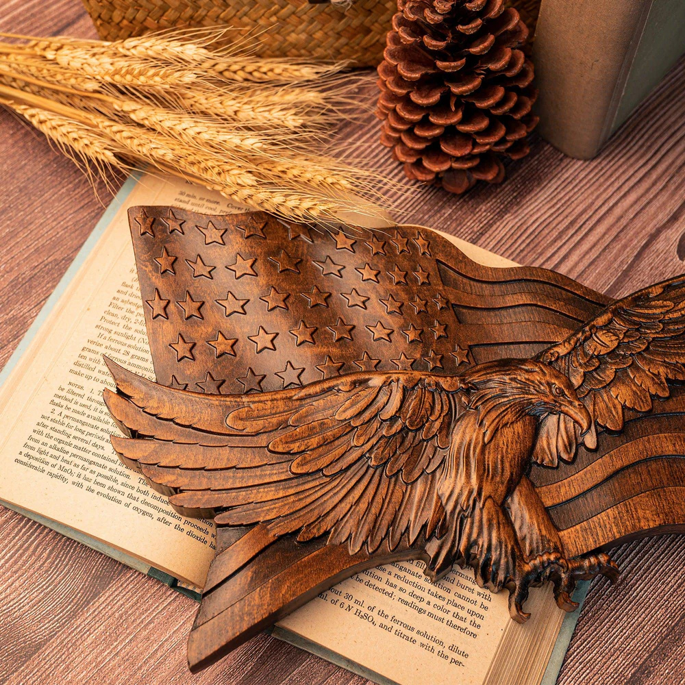 Arte de Pared de Madera con Bandera Americana Águila Tallada a Mano Decoración Patriótica