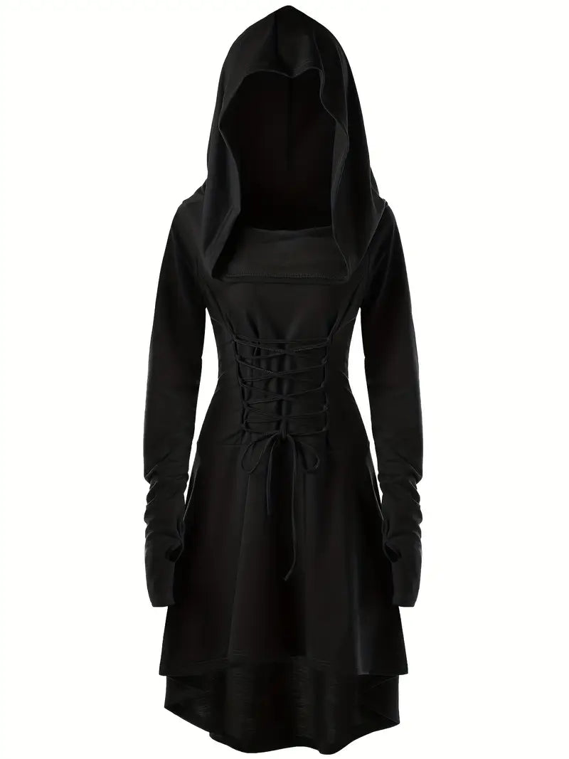 Damen Gothic Schnürung Halloween Film Kostüm Kleid | Kapuzen Langarm