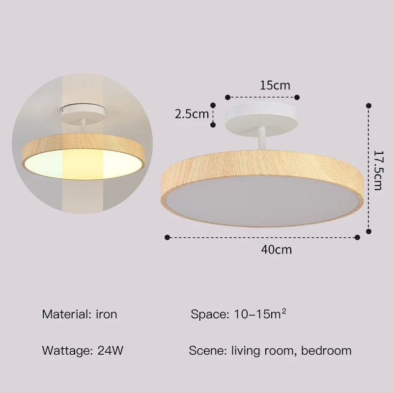 Lampa sufitowa z drewnem i półplafonem LED
