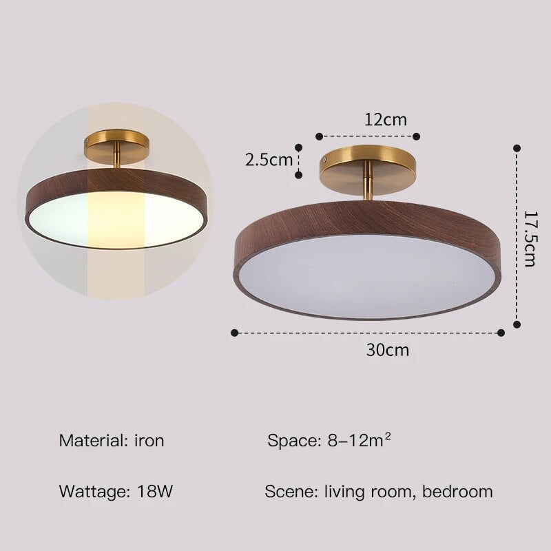 Lampa sufitowa z drewnem i półplafonem LED