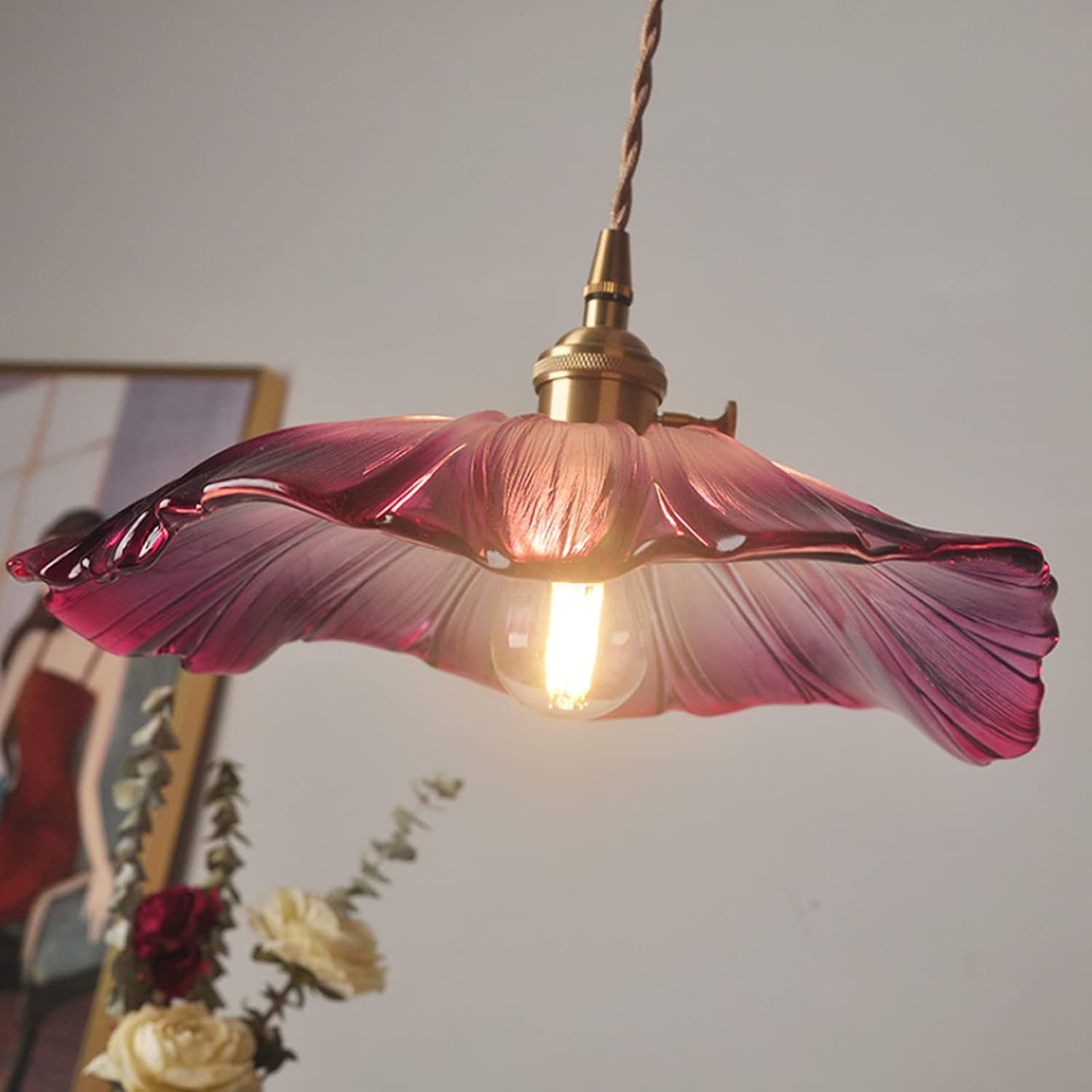 Vintage Floral Glass Pendant Light Fixture for Dining Room - Elegant Retro Design to Illuminate Your Space