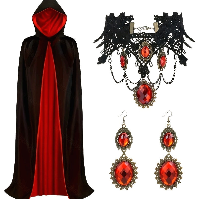 Hooded Gothic Halloween Vampire Costume Set | Cape Jewelry