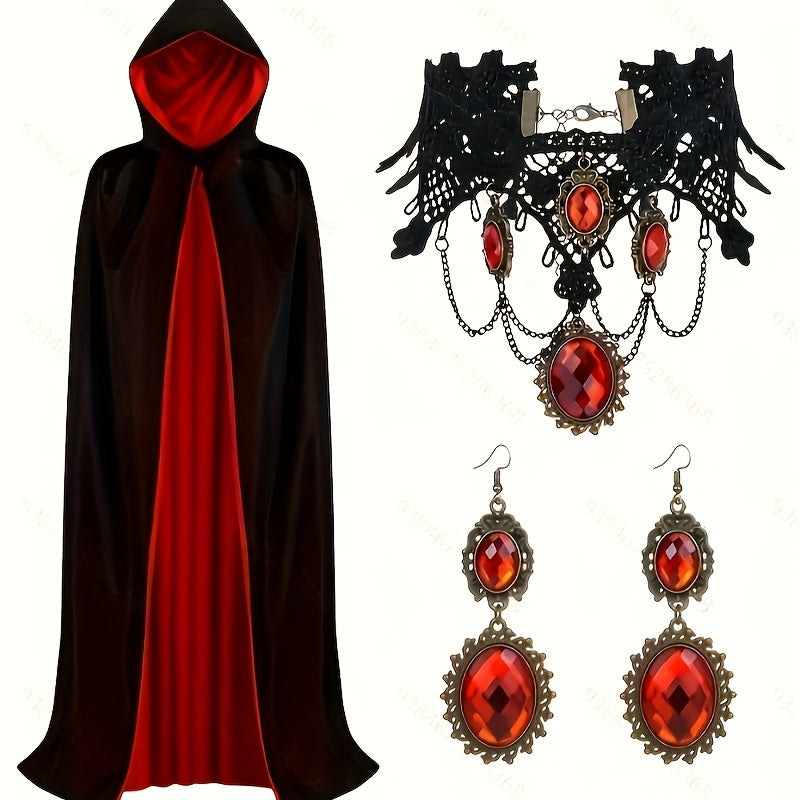 Hooded Gothic Halloween Vampire Costume Set | Cape Jewelry
