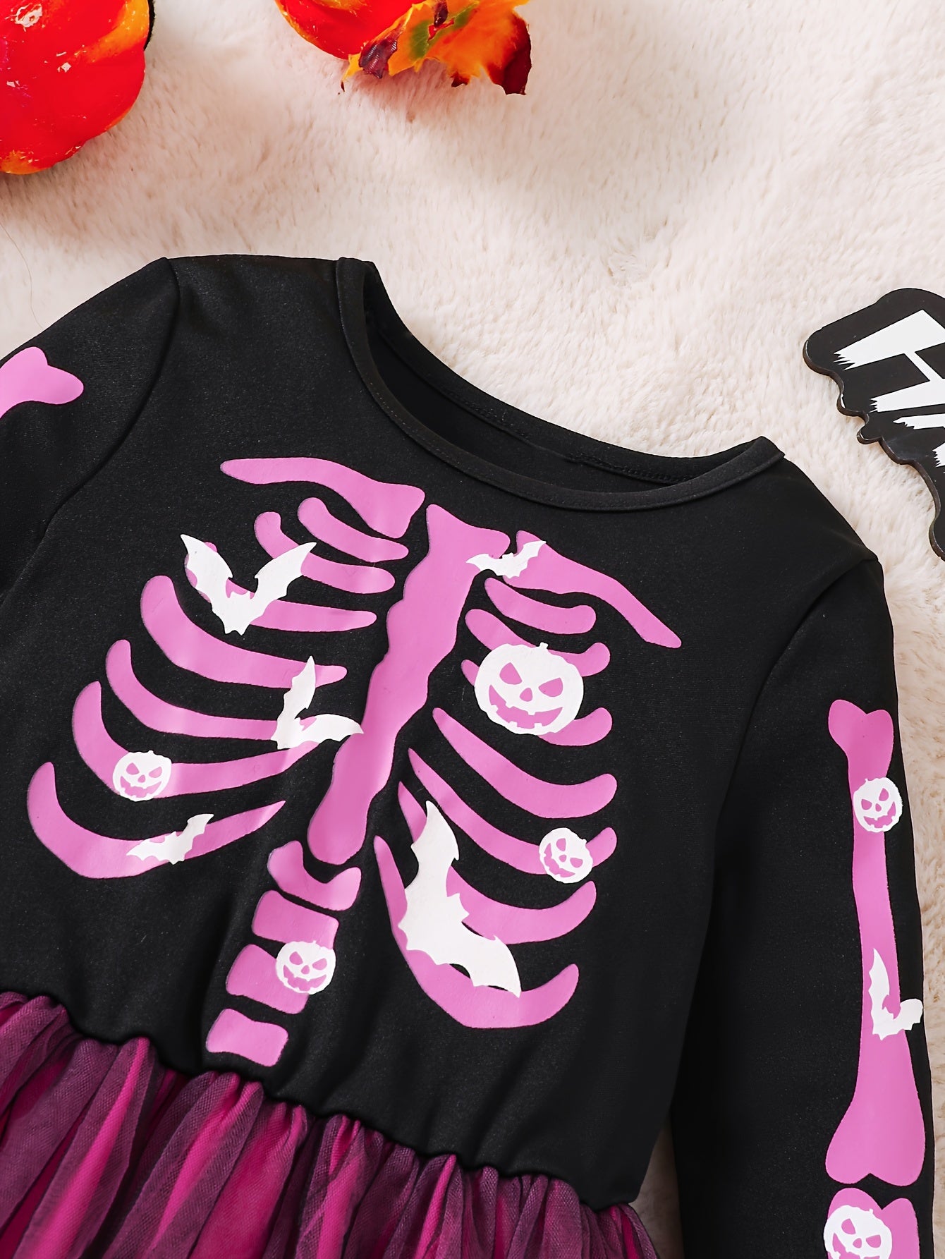 Mädchen Langarm Halloween Skelett Kostüm Kleid | Tüll Mini