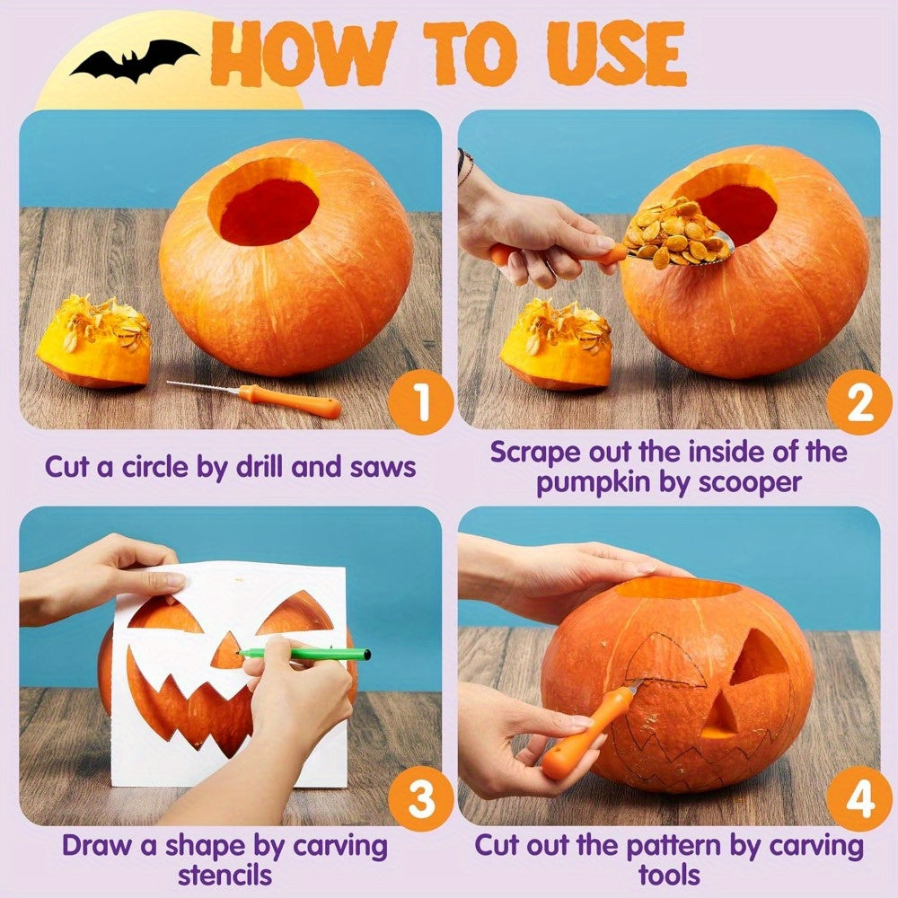 Kit de tallado de calabazas de Halloween con plantillas | Herramientas reutilizables para calabazas talladas fácilmente