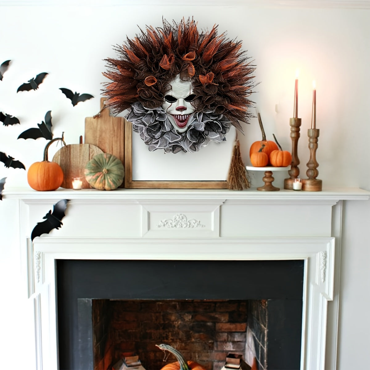 Halloween gruseliger Clown Netzkranz | unheimliche Haustürdekoration