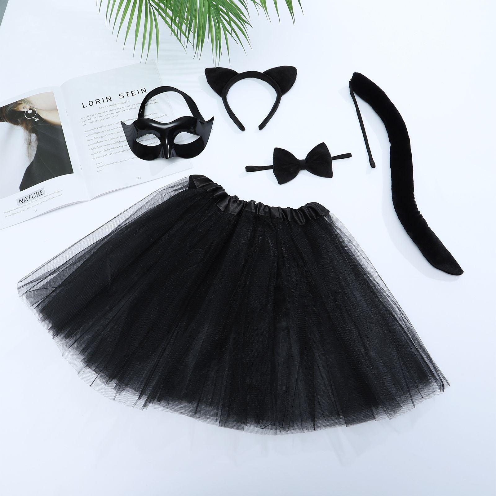Mädchen Süßes Tüll Halloween Kostüm Kleid Set | Katzenmaske Handschuhe Schwanz