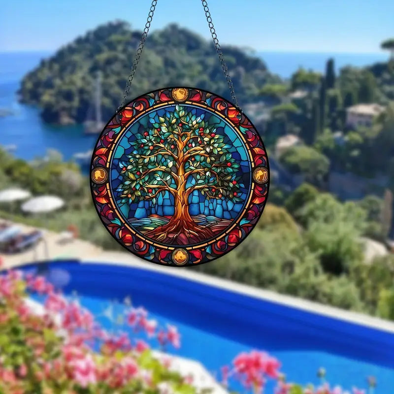 Panel colgante de arte de pared con vitrales de árbol