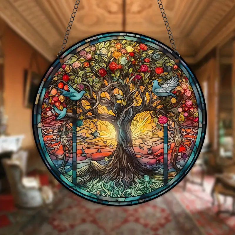 Panel colgante de arte de pared con vitrales de árbol