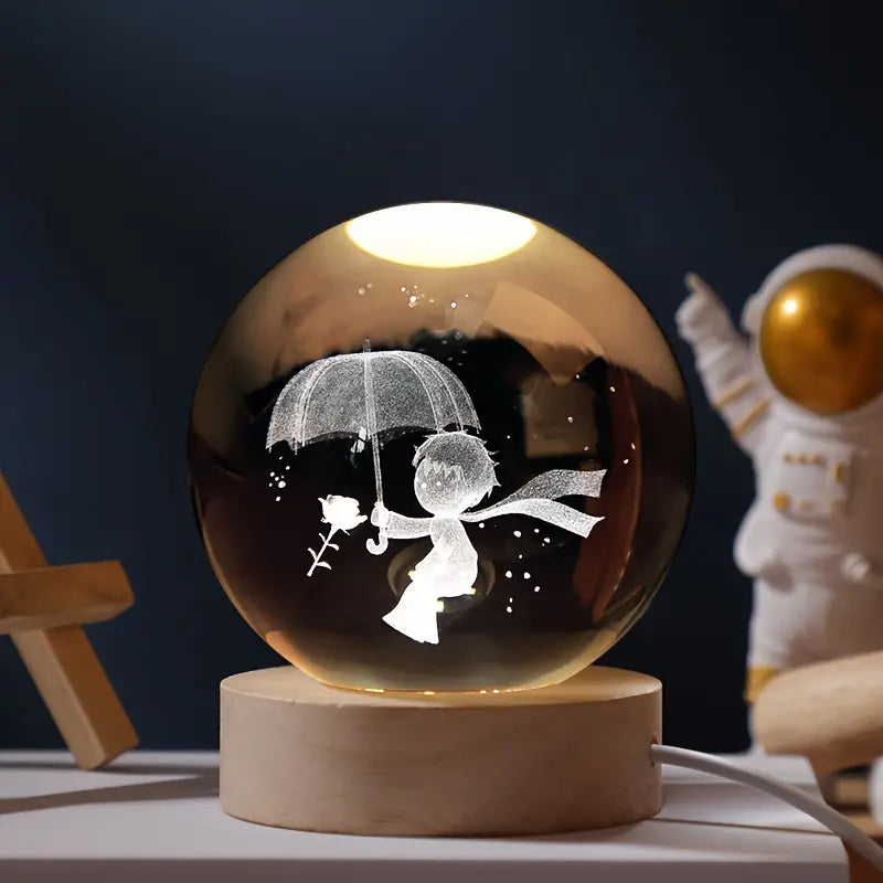 Lámpara de Bola de Cristal con Base de Madera