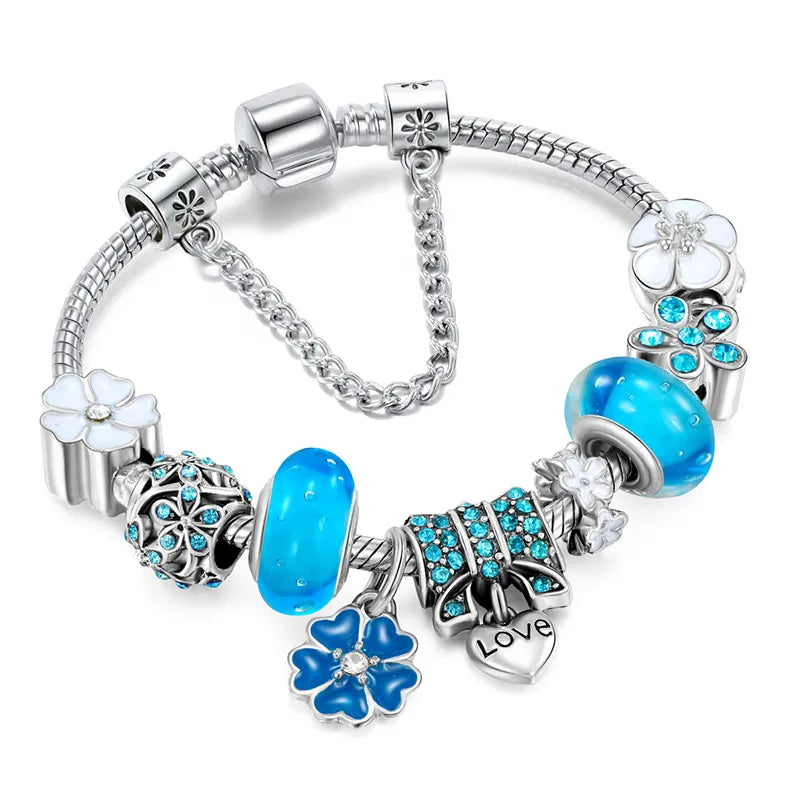 Pulsera con Dijes de Plata | Joyería de Regalo con Cuentas Florales para Mujer
