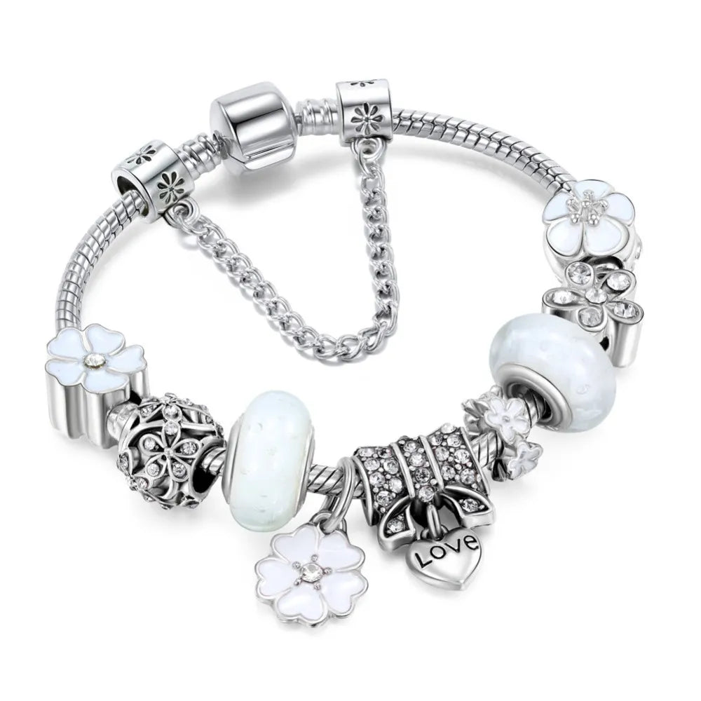 Pulsera con Dijes de Plata | Joyería de Regalo con Cuentas Florales para Mujer