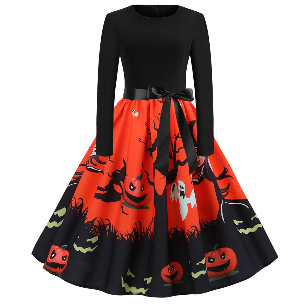 Vestido de fiesta de Halloween de manga larga estilo caricatura gótica | Midi