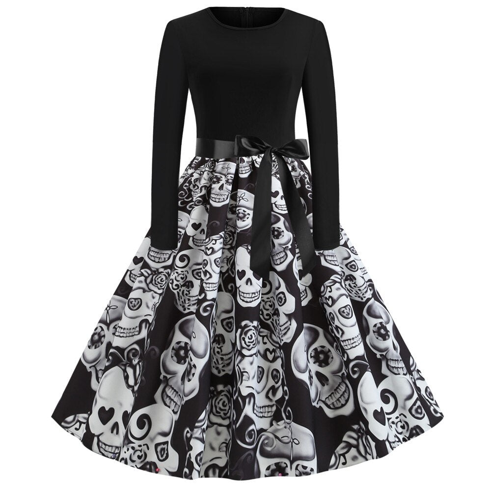 Vestido de fiesta de Halloween de manga larga estilo caricatura gótica | Midi