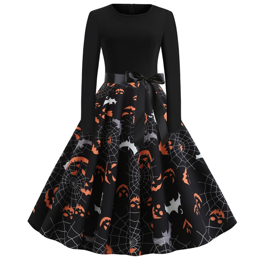 Vestido de fiesta de Halloween de manga larga estilo caricatura gótica | Midi