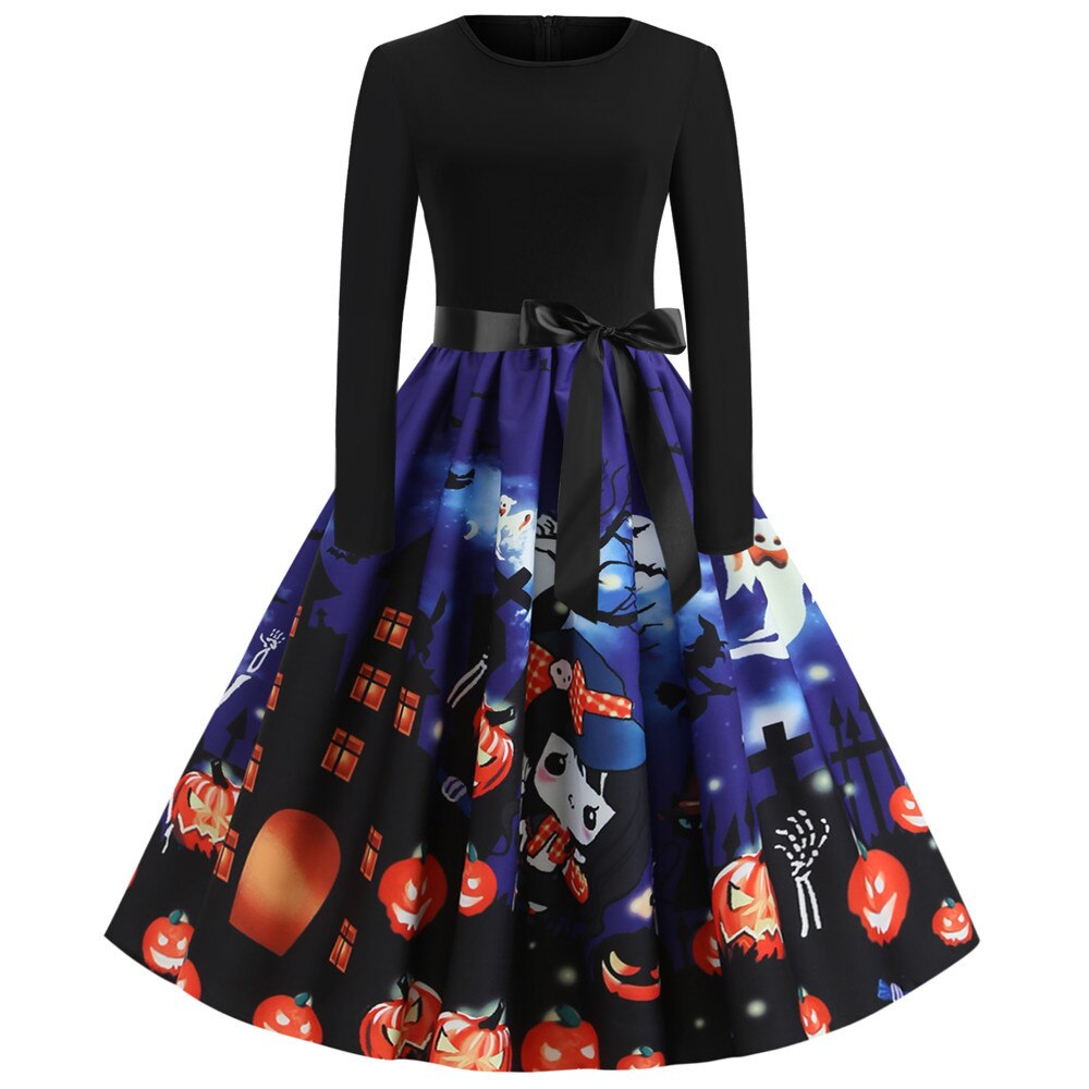Vestido de fiesta de Halloween de manga larga estilo caricatura gótica | Midi