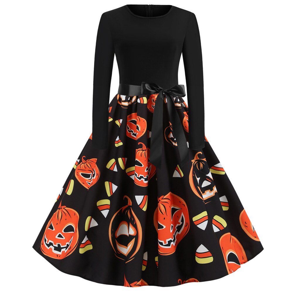 Vestido de fiesta de Halloween de manga larga estilo caricatura gótica | Midi