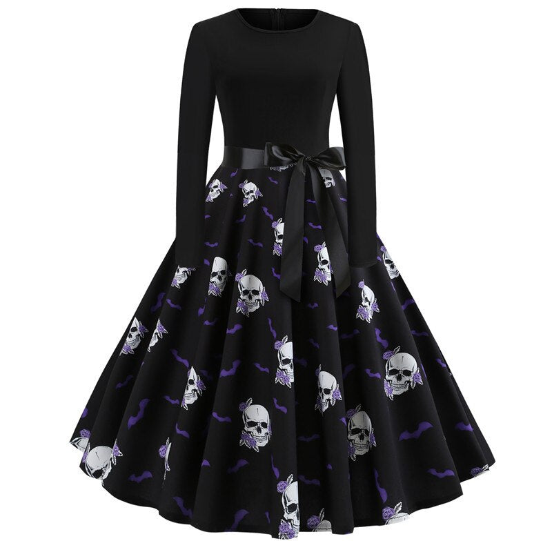 Vestido de fiesta de Halloween de manga larga estilo caricatura gótica | Midi