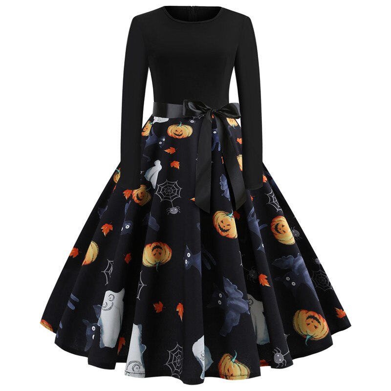 Vestido de fiesta de Halloween de manga larga estilo caricatura gótica | Midi