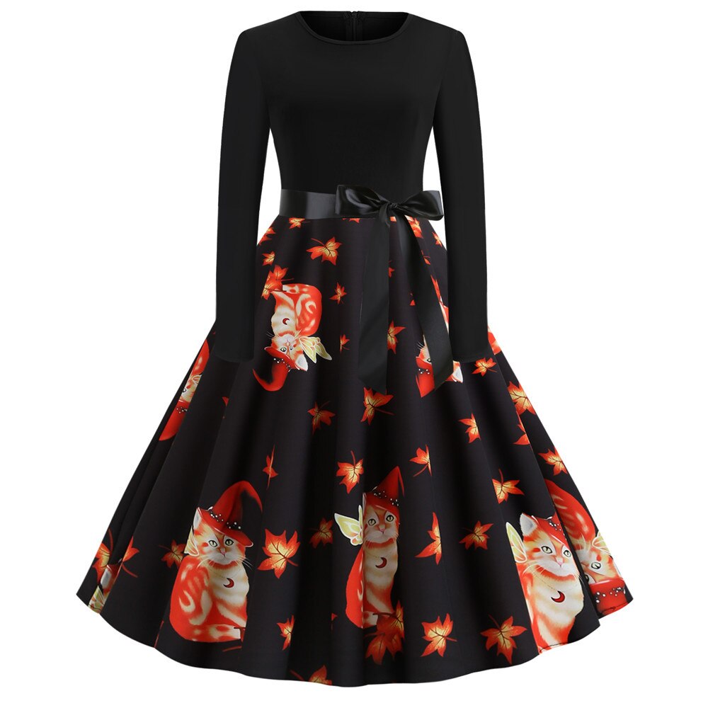 Vestido de fiesta de Halloween de manga larga estilo caricatura gótica | Midi