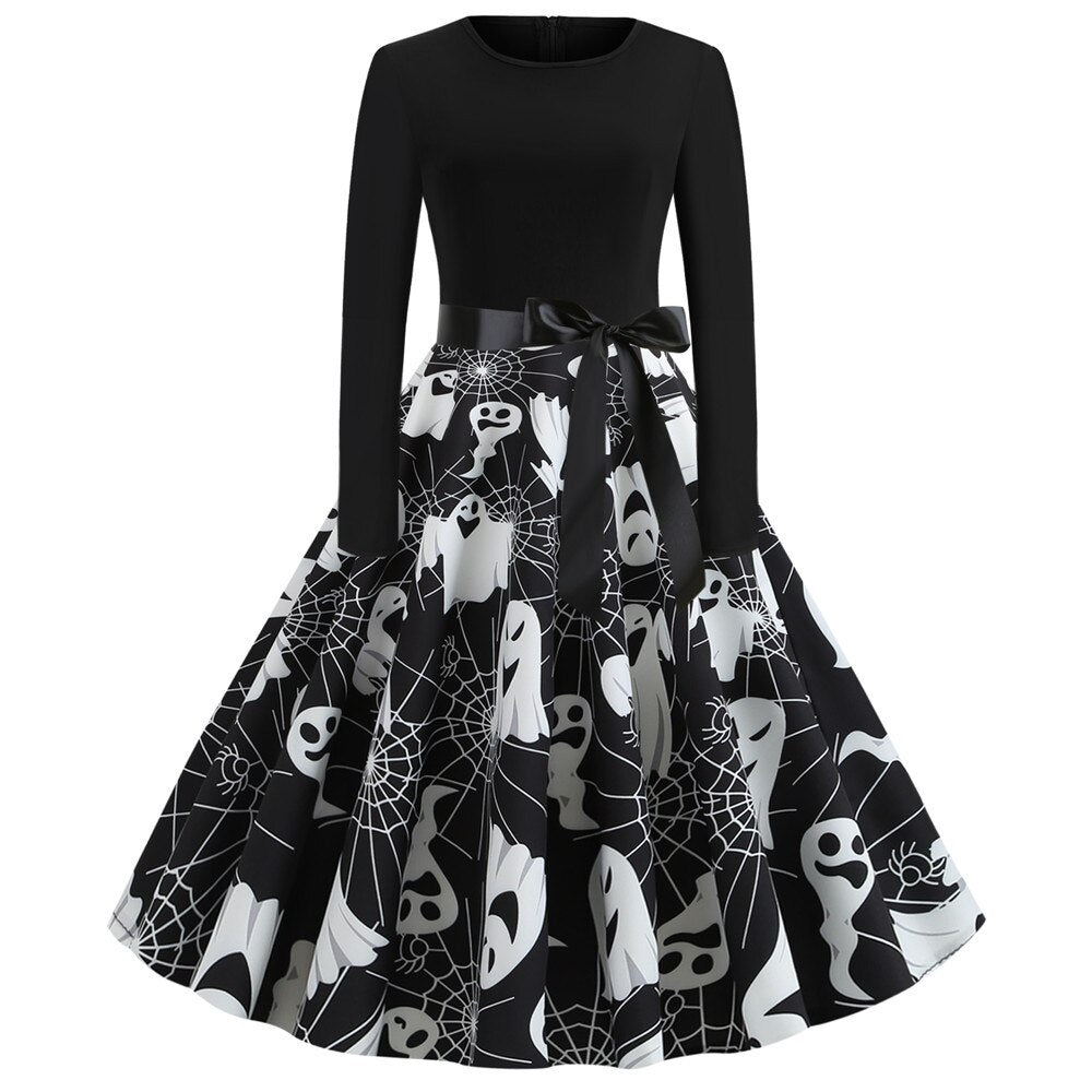Vestido de fiesta de Halloween de manga larga estilo caricatura gótica | Midi