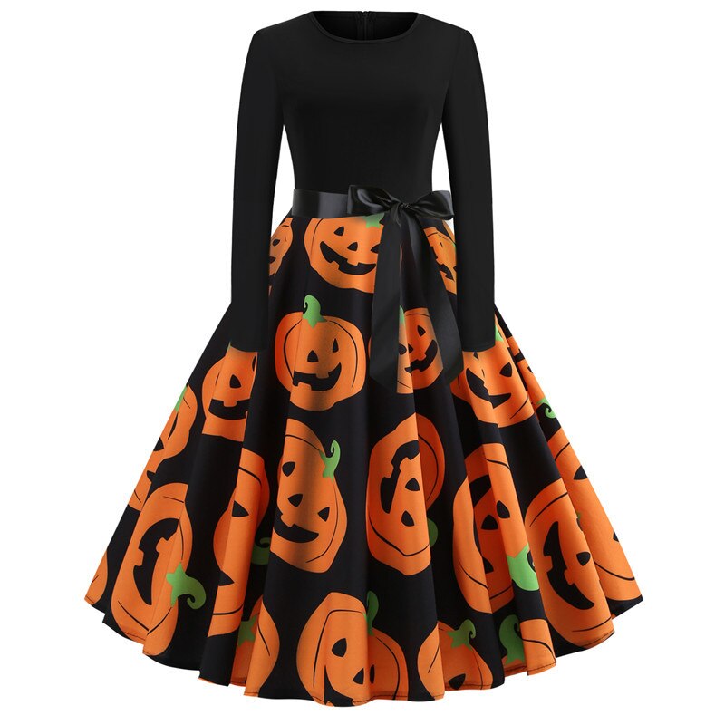 Vestido de fiesta de Halloween de manga larga estilo caricatura gótica | Midi
