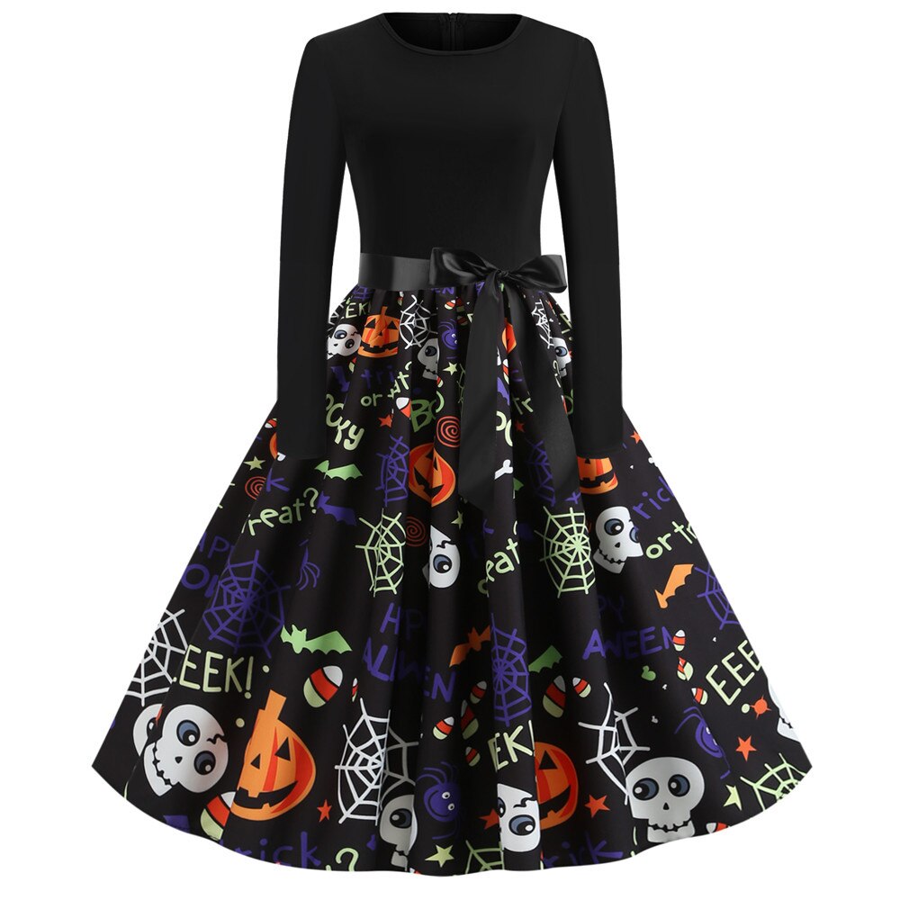 Vestido de fiesta de Halloween de manga larga estilo caricatura gótica | Midi
