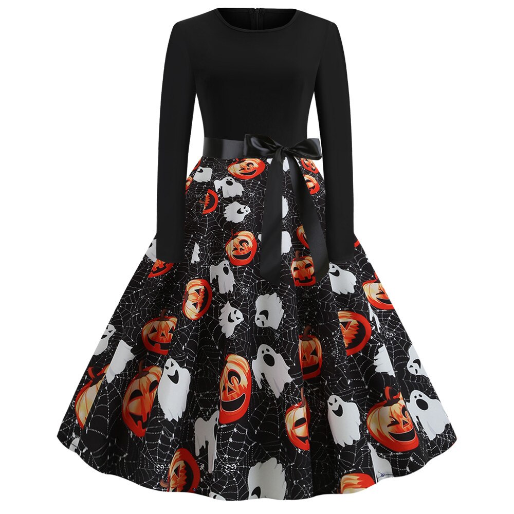 Vestido de fiesta de Halloween de manga larga estilo caricatura gótica | Midi