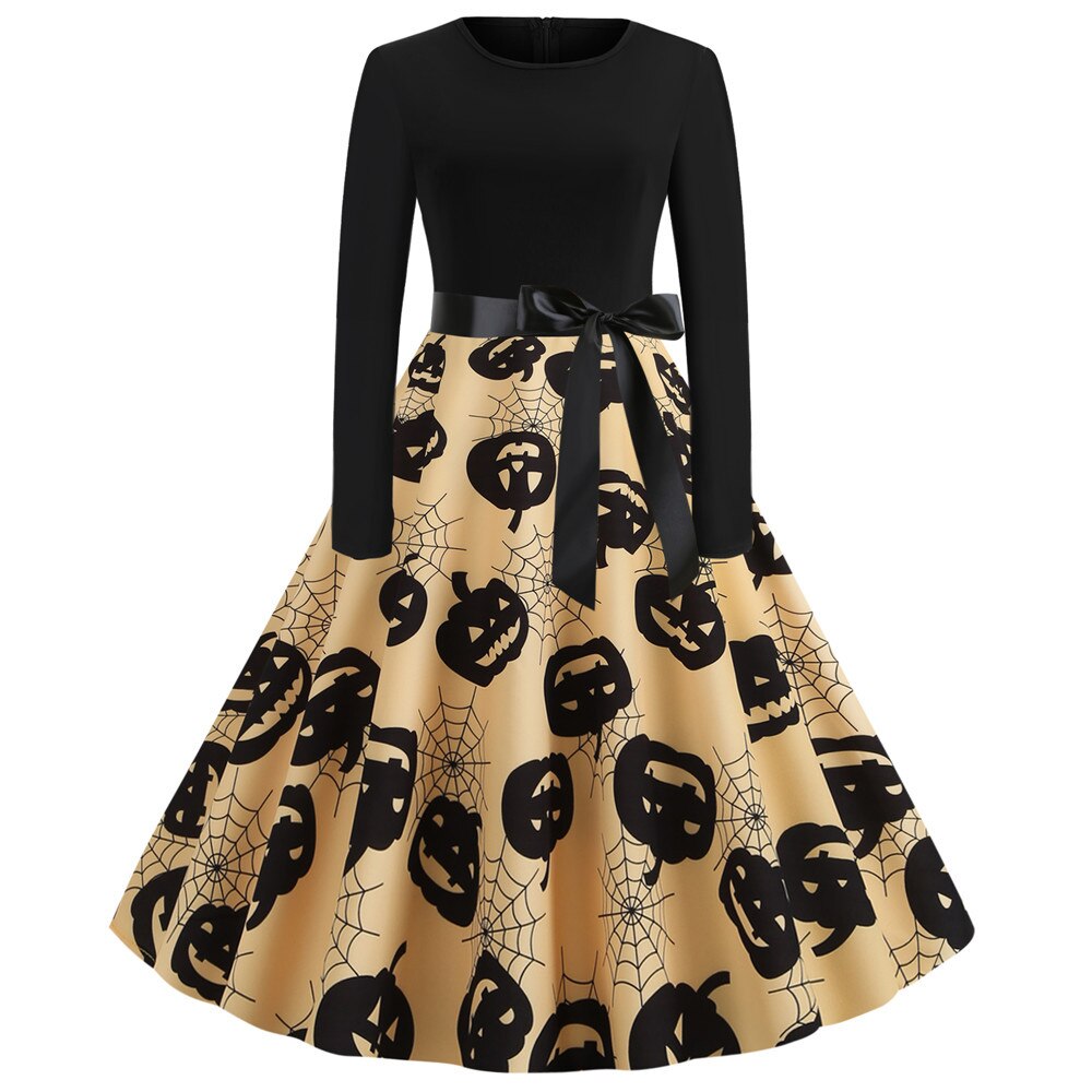 Vestido de fiesta de Halloween de manga larga estilo caricatura gótica | Midi