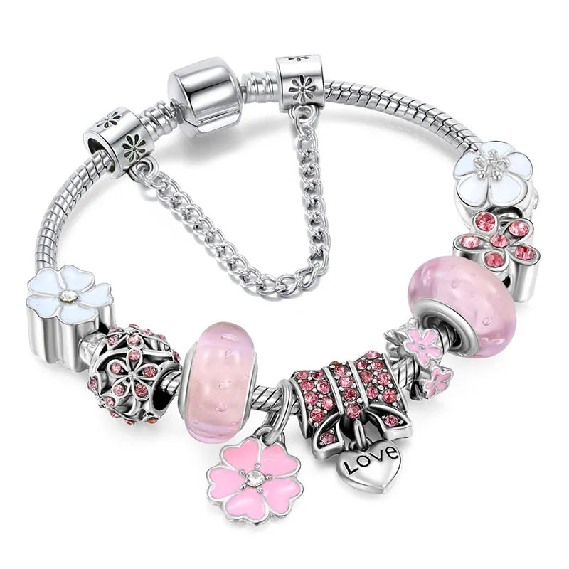 Pulsera con Dijes de Plata | Joyería de Regalo con Cuentas Florales para Mujer