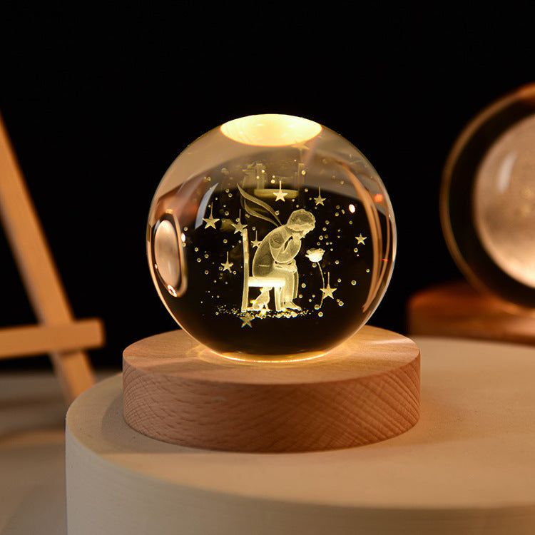 Lámpara de Bola de Cristal con Base de Madera